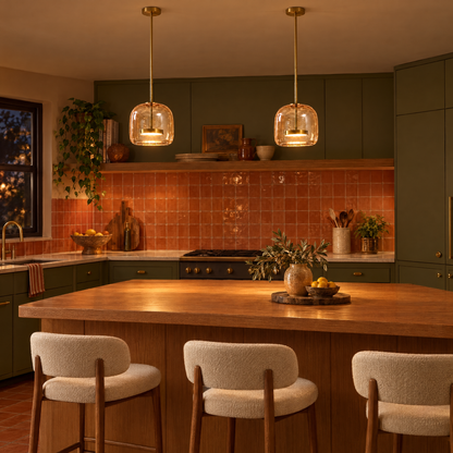 Two Orbe Hand Blown Glass Pendant Lights in Gold and Amber over a kitchen island