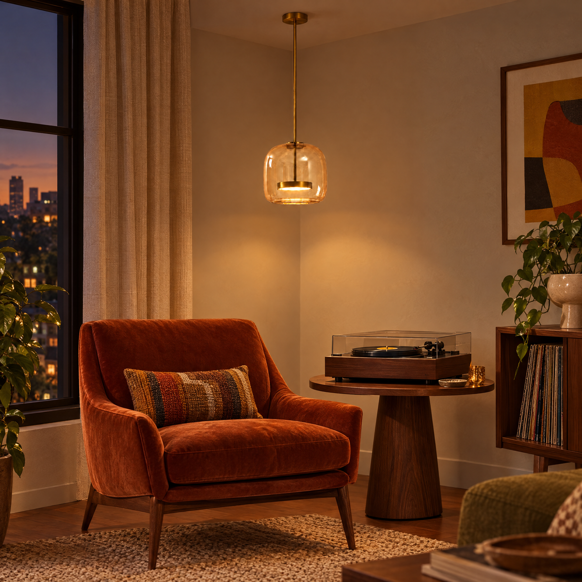 Orbe Hand Blown Glass Pendant Light in Gold and Amber in a mid-century living room