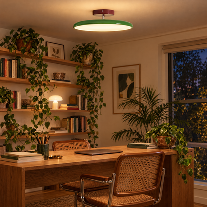 Solace Adjustable Swing Arm Ceiling Light in Green in a plant-filled study