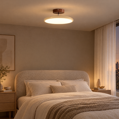 Solace Adjustable Swing Arm Ceiling Light in Beige in a neutral bedroom