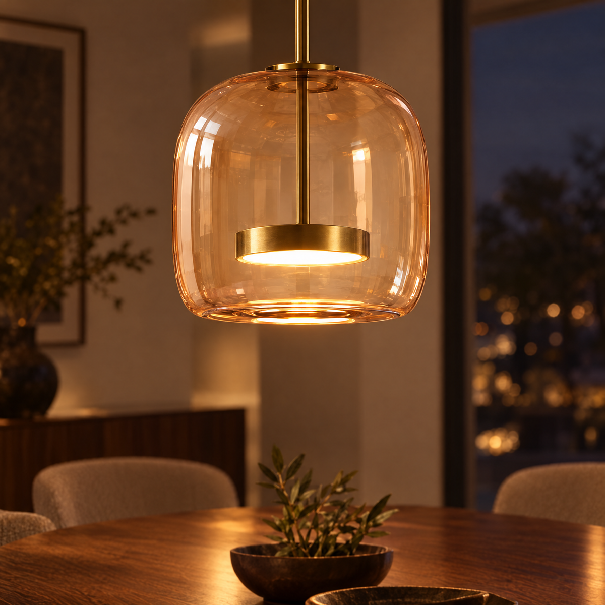 Orbe Hand Blown Glass Pendant Light in Gold and Amber, close-up above a dining table