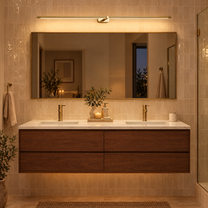 Strata Linear LED Vanity Wall Light in Gold above a walnut double vanity