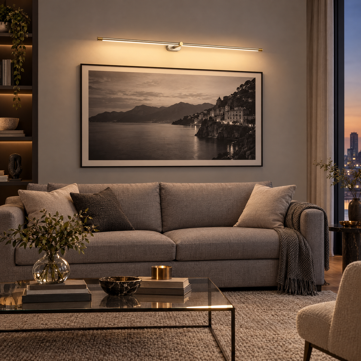 Strata Linear LED Wall Light in Brushed Nickel and Gold above a sofa