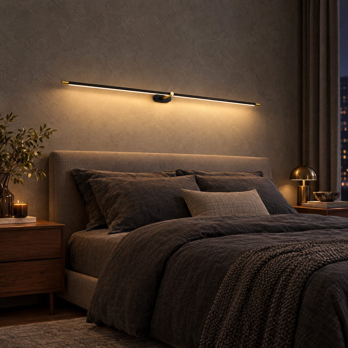 Strata Linear LED Wall Light in Black and Gold above a bed