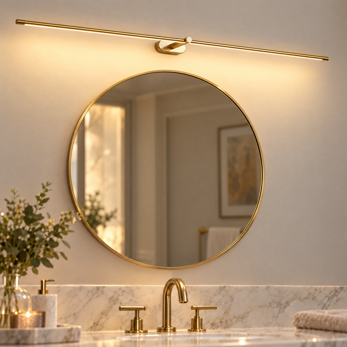 Strata Linear LED Vanity Wall Light in Gold, close-up above a mirror
