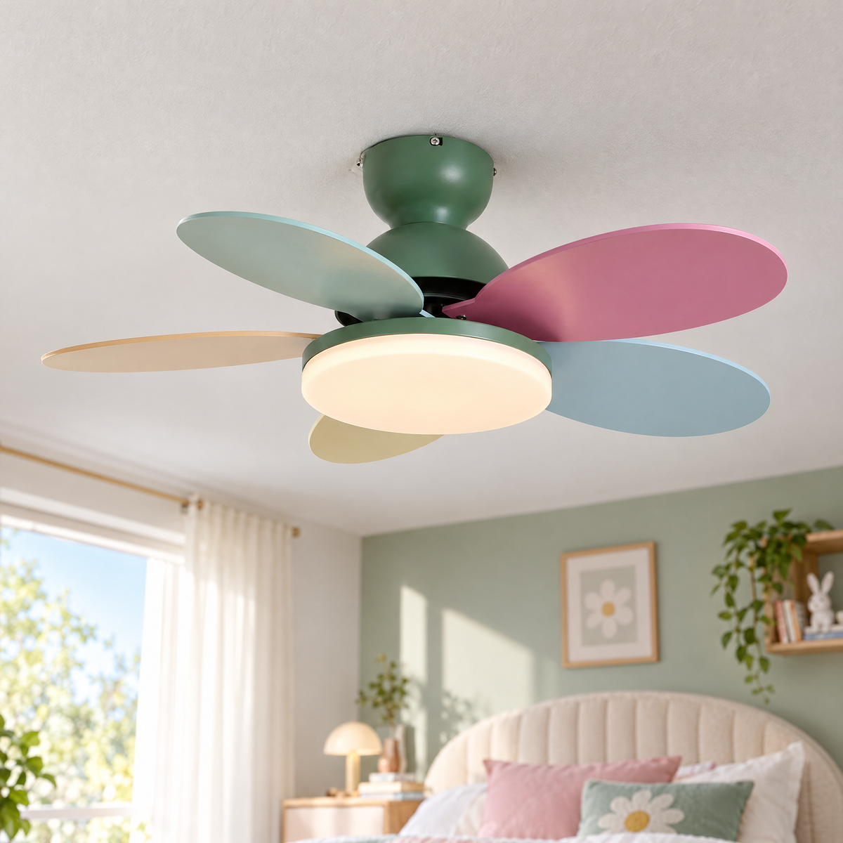Petalo Petal Blade Ceiling Fan Light in Green and Colourful, close-up on the ceiling