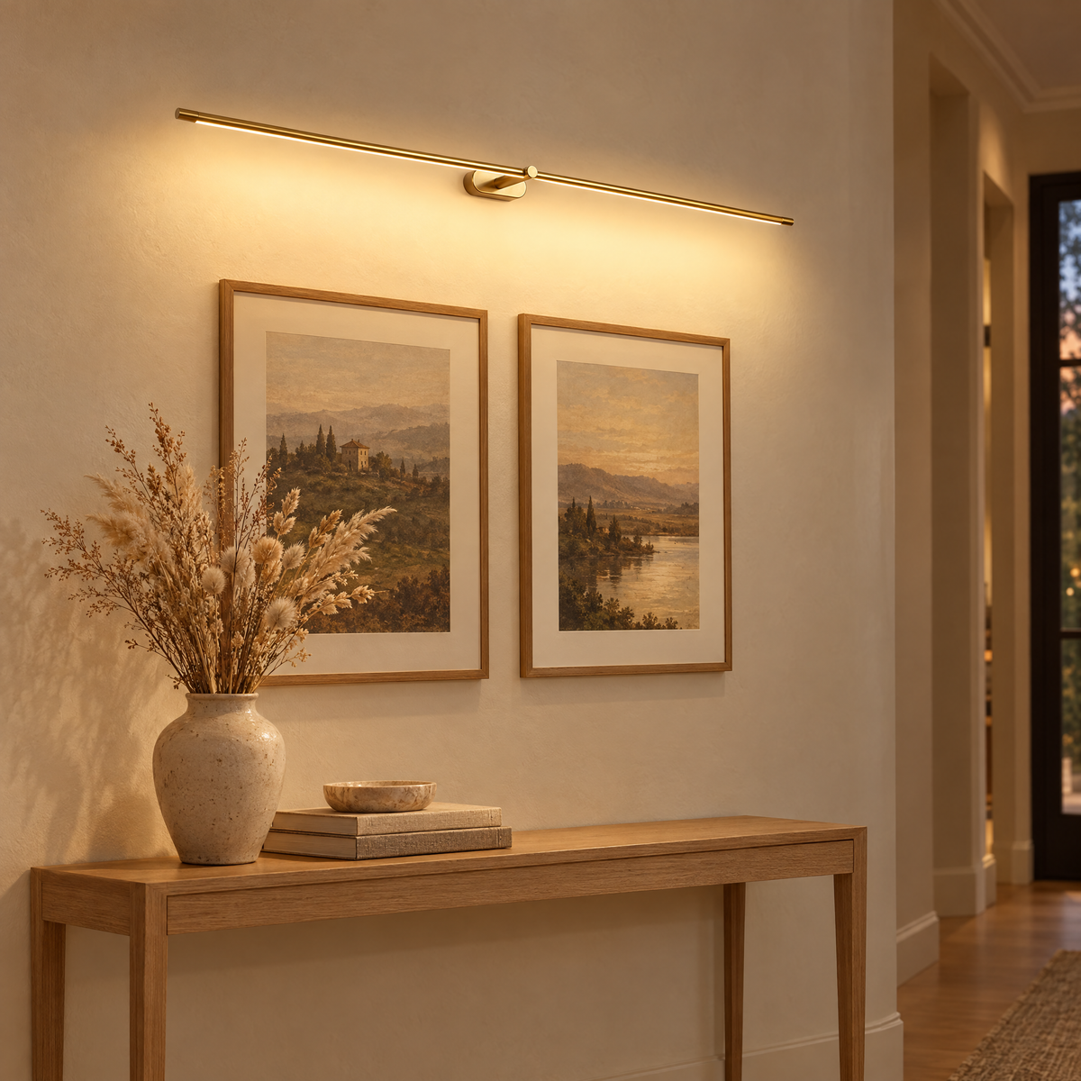 Strata Linear LED Wall Light in Gold above a hallway console
