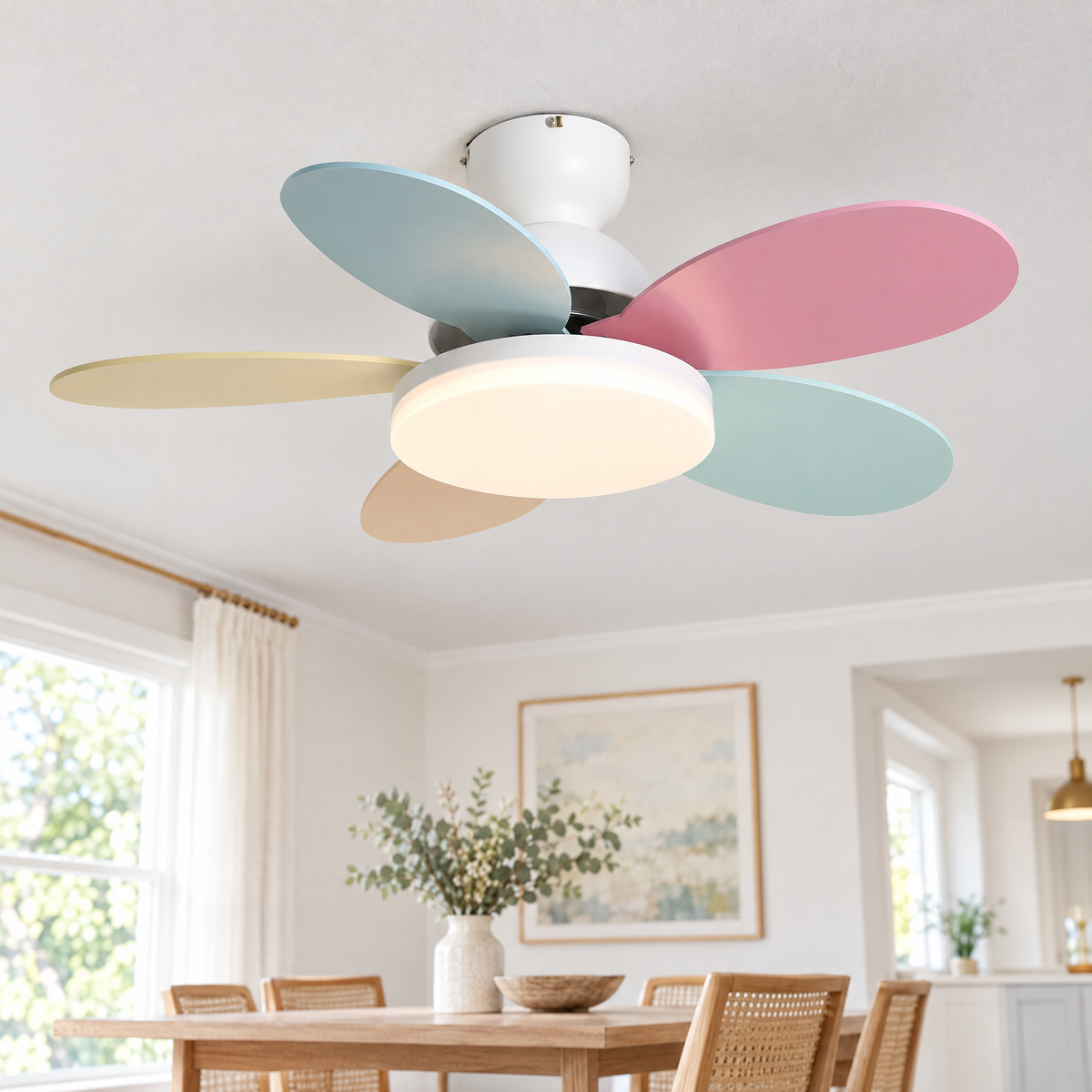 Petalo Petal Blade Ceiling Fan Light in White and Colourful, close-up on the ceiling