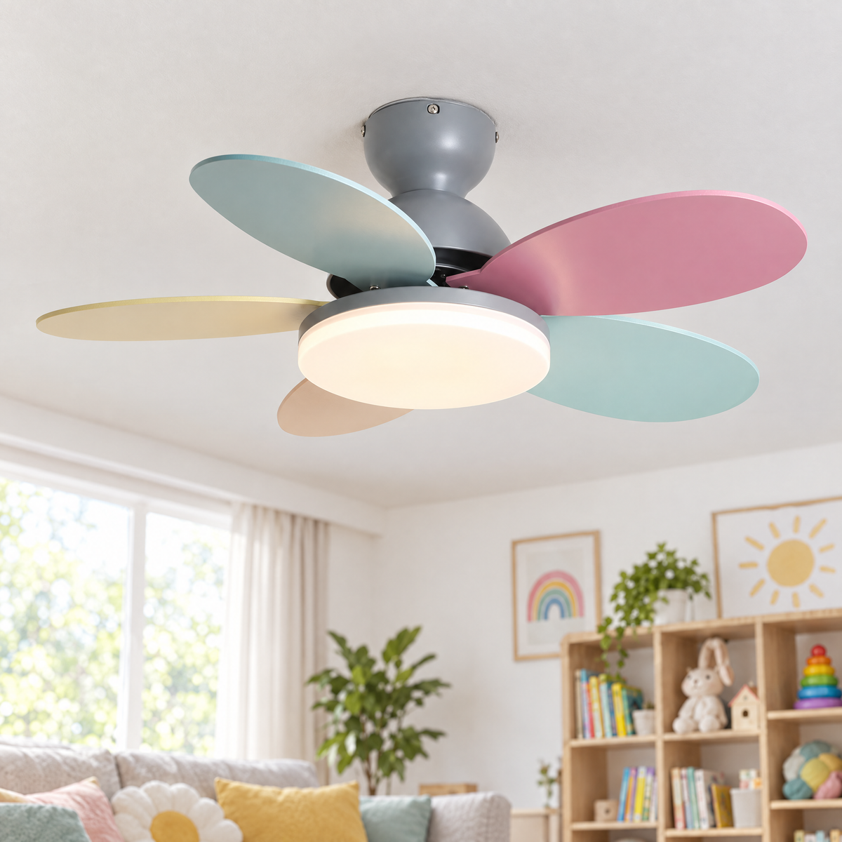 Petalo Petal Blade Ceiling Fan Light in Grey and Colourful, close-up on the ceiling
