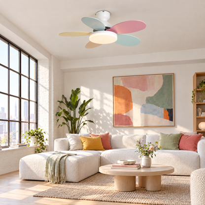 Petalo Petal Blade Ceiling Fan Light in White and Colourful in a loft living room