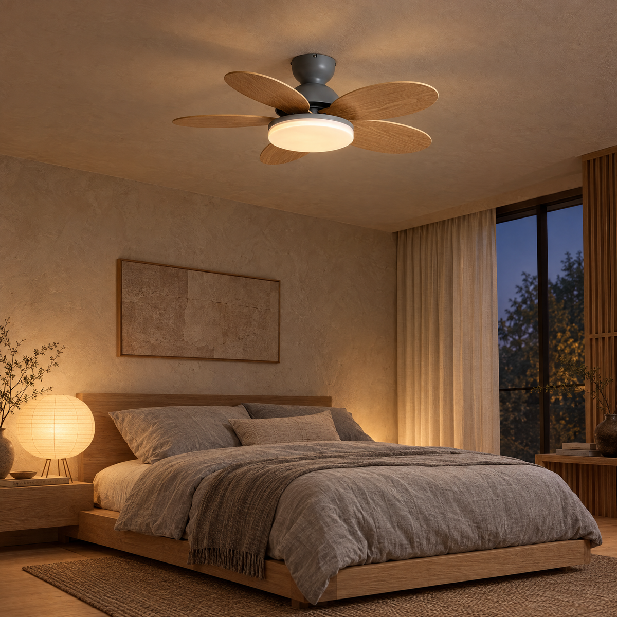 Petalo Petal Blade Ceiling Fan Light in Grey and Wood Grain in a Japandi bedroom