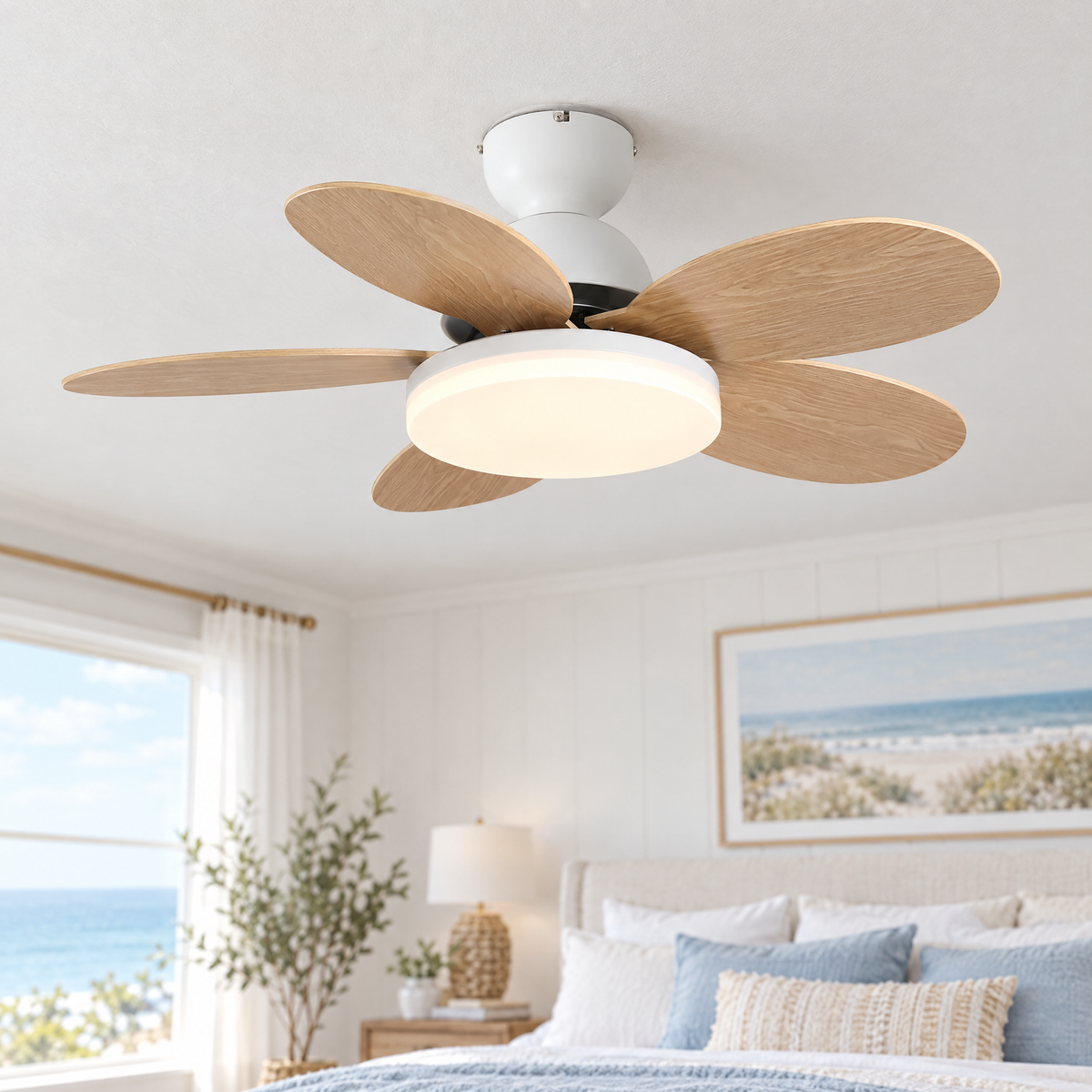 Petalo Petal Blade Ceiling Fan Light in White and Wood Grain, close-up on the ceiling