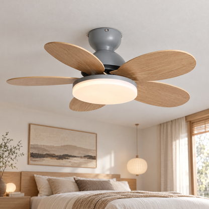 Petalo Petal Blade Ceiling Fan Light in Grey and Wood Grain, close-up on the ceiling