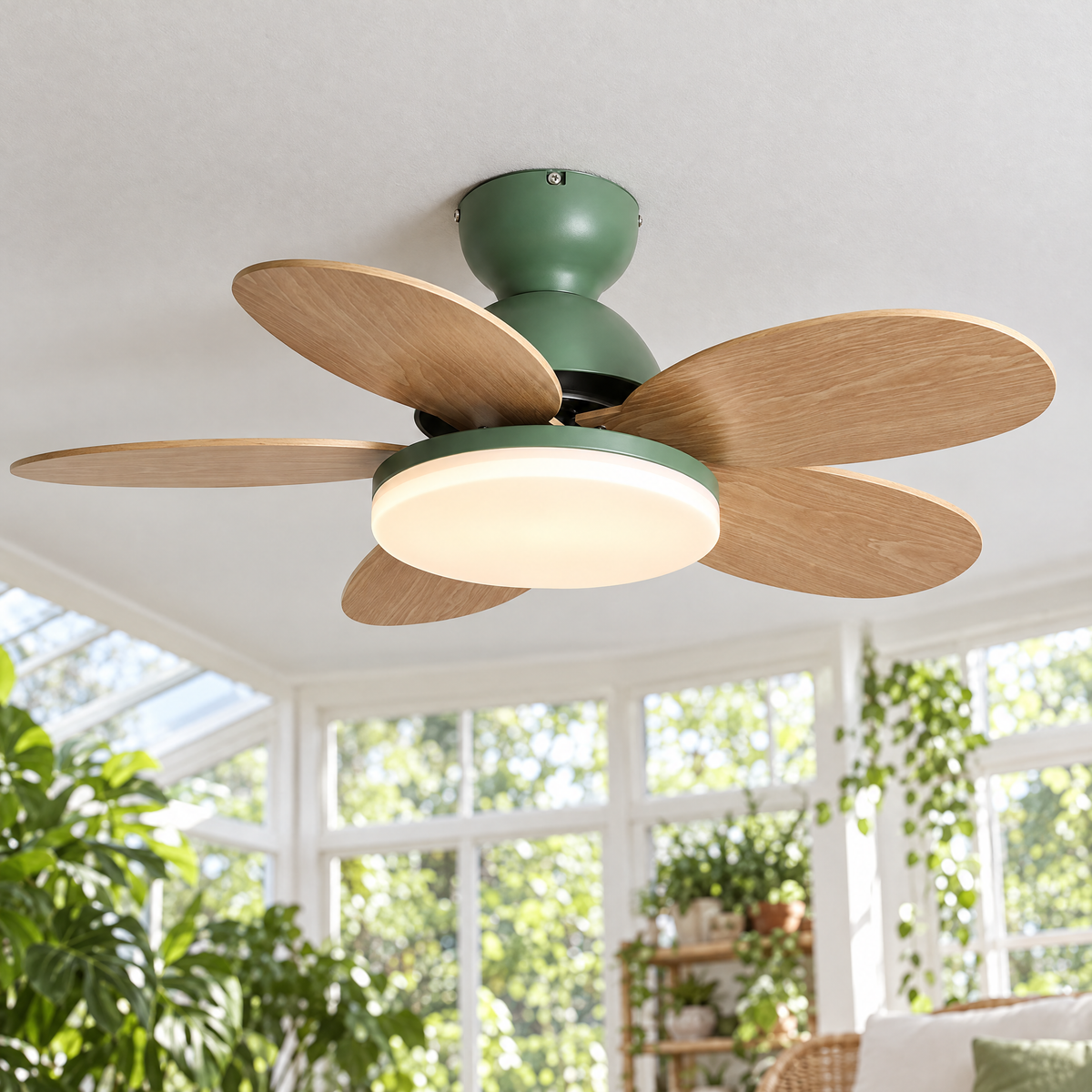 Petalo Petal Blade Ceiling Fan Light in Green and Wood Grain, close-up on the ceiling