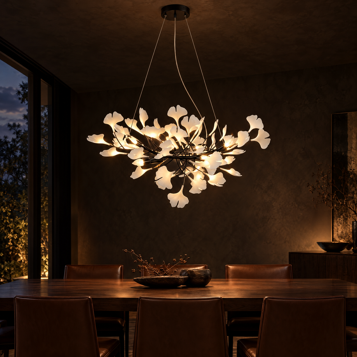 Horizon Ceramic Ginkgo Leaf Chandelier in Black above a walnut dining table