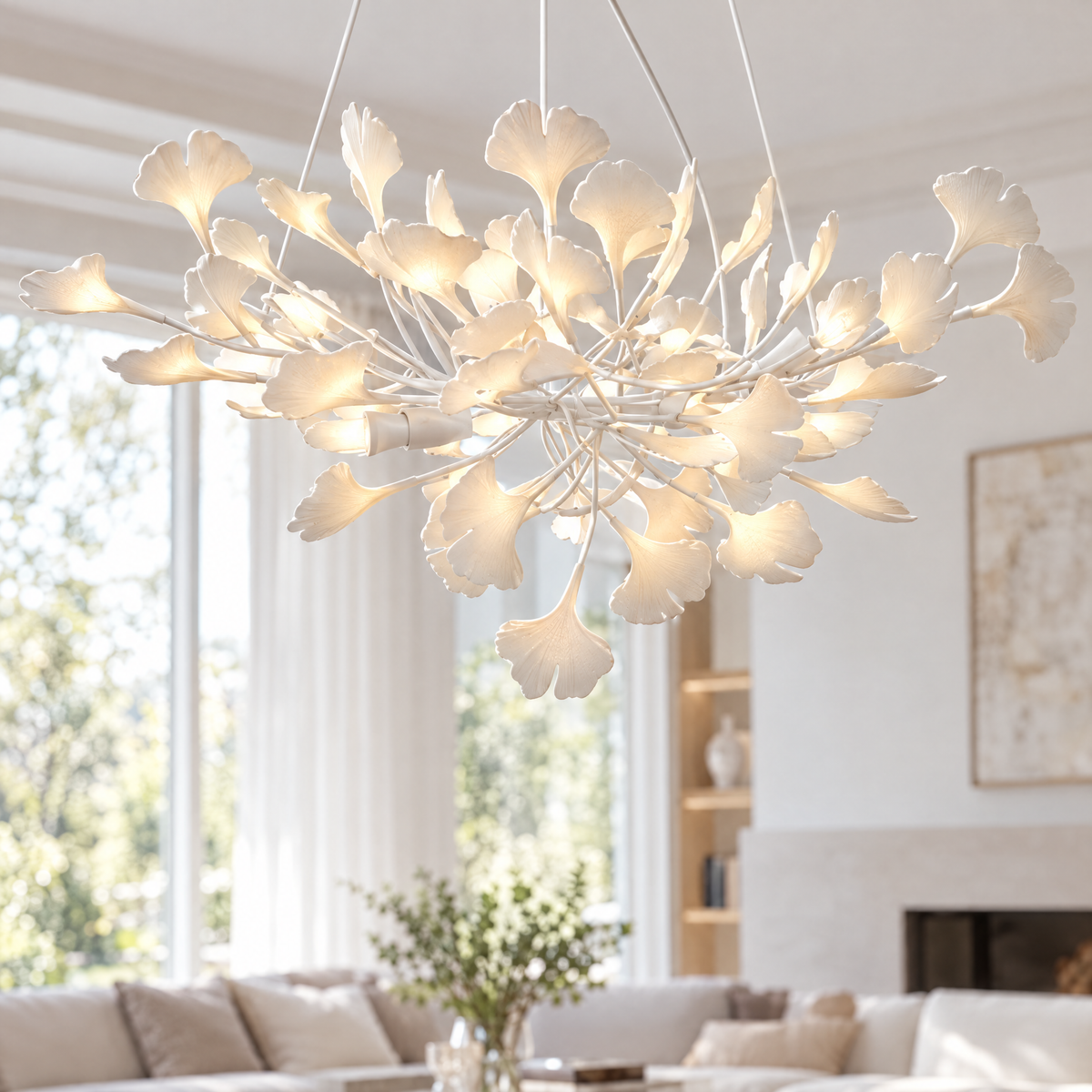 Horizon Ceramic Ginkgo Leaf Chandelier in White, close-up in a living room