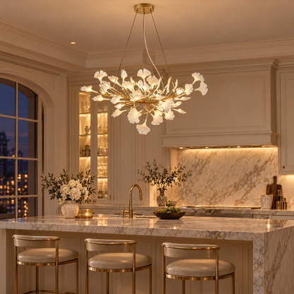 Horizon Ceramic Ginkgo Leaf Chandelier in Gold above a marble kitchen island