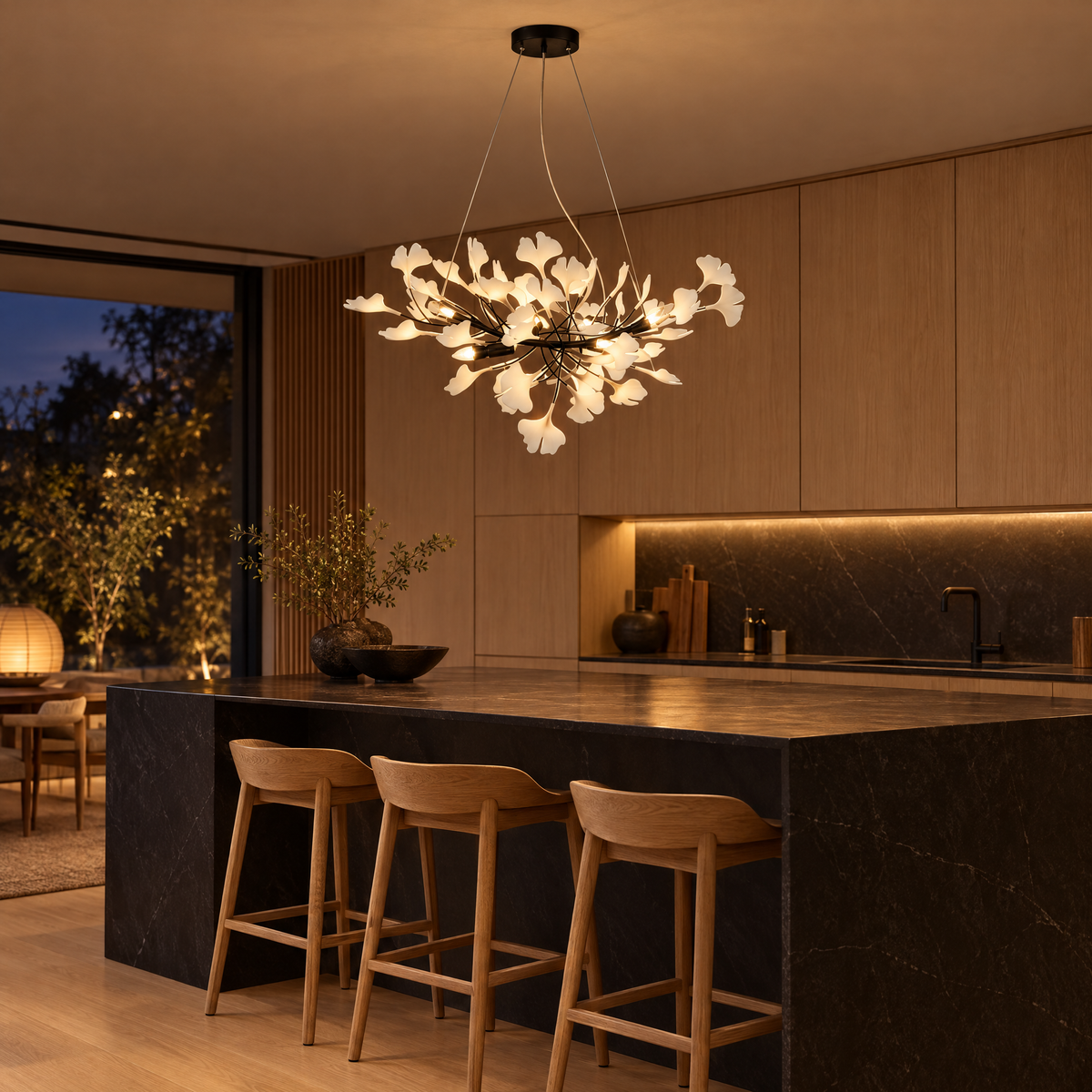 Horizon Ceramic Ginkgo Leaf Chandelier in Black above a Japandi kitchen island