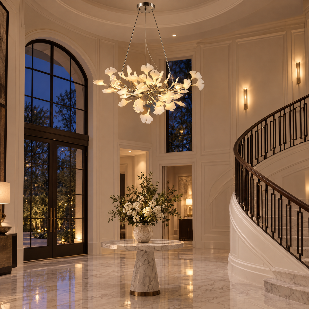 Horizon Ceramic Ginkgo Leaf Chandelier in Nickel in an entry foyer