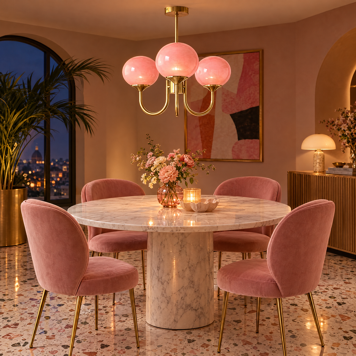 Mallow Glass Shade Chandelier in Copper and Pink above a marble dining table