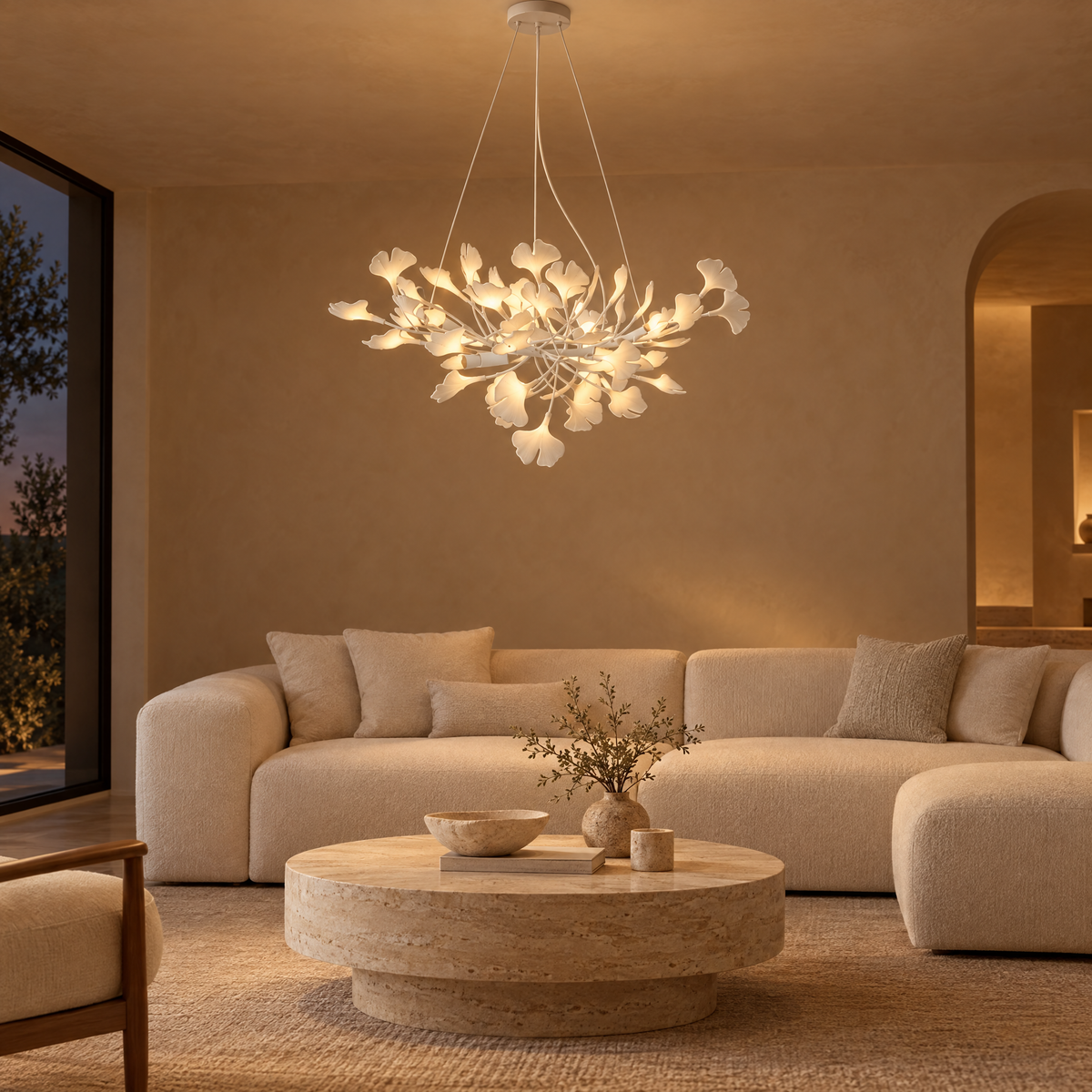 Horizon Ceramic Ginkgo Leaf Chandelier in White in a minimalist living room