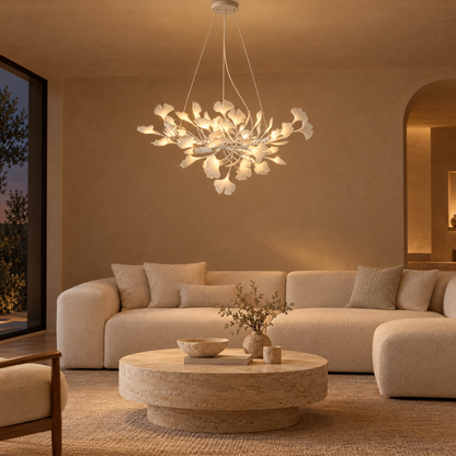 Horizon Ceramic Ginkgo Leaf Chandelier in White in a minimalist living room