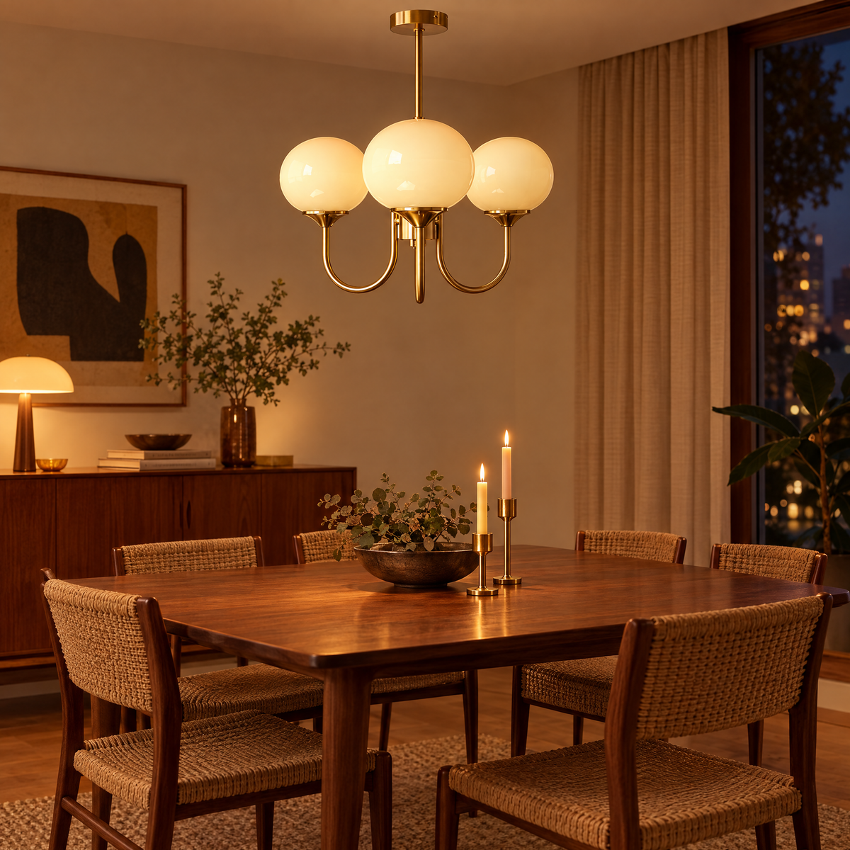 Mallow Glass Shade Chandelier in Copper and Cream above a walnut dining table