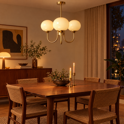 Mallow Glass Shade Chandelier in Copper and Cream above a walnut dining table