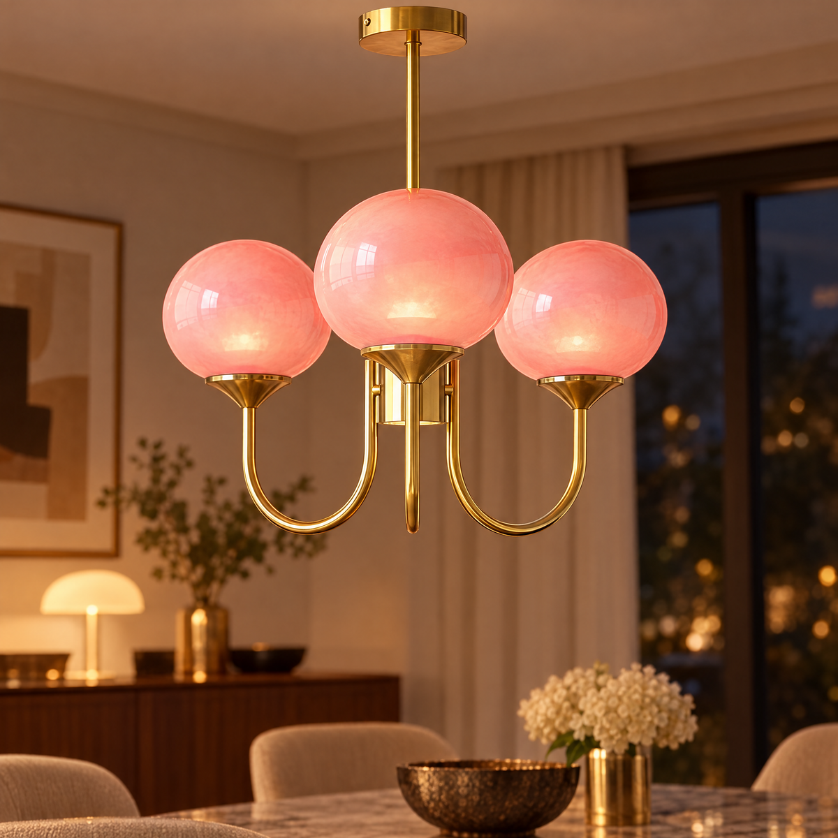 Mallow Glass Shade Chandelier in Copper and Pink, close-up