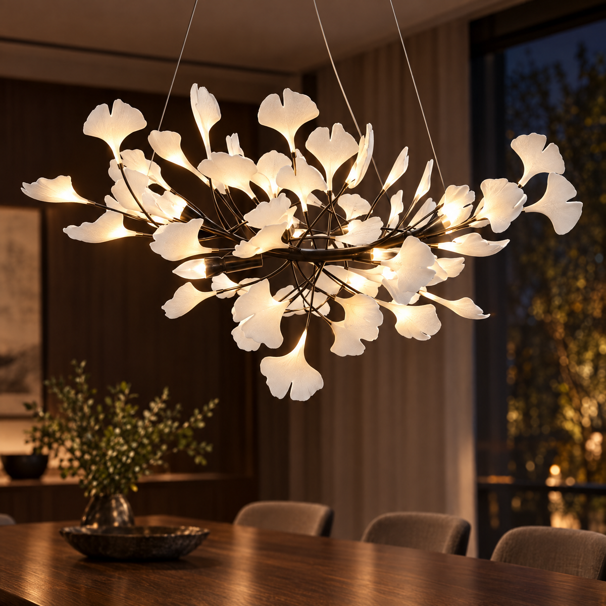 Horizon Ceramic Ginkgo Leaf Chandelier in Black, close-up above a dining table
