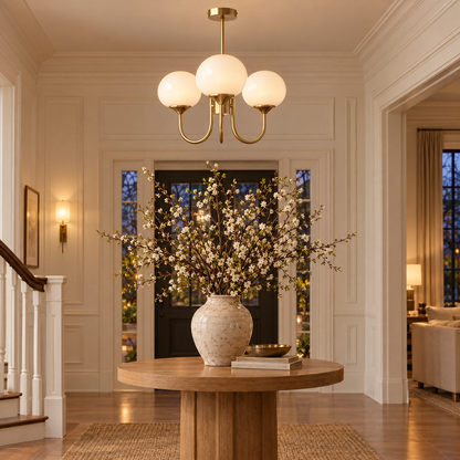 Mallow Glass Shade Chandelier in Copper and White in an entry foyer
