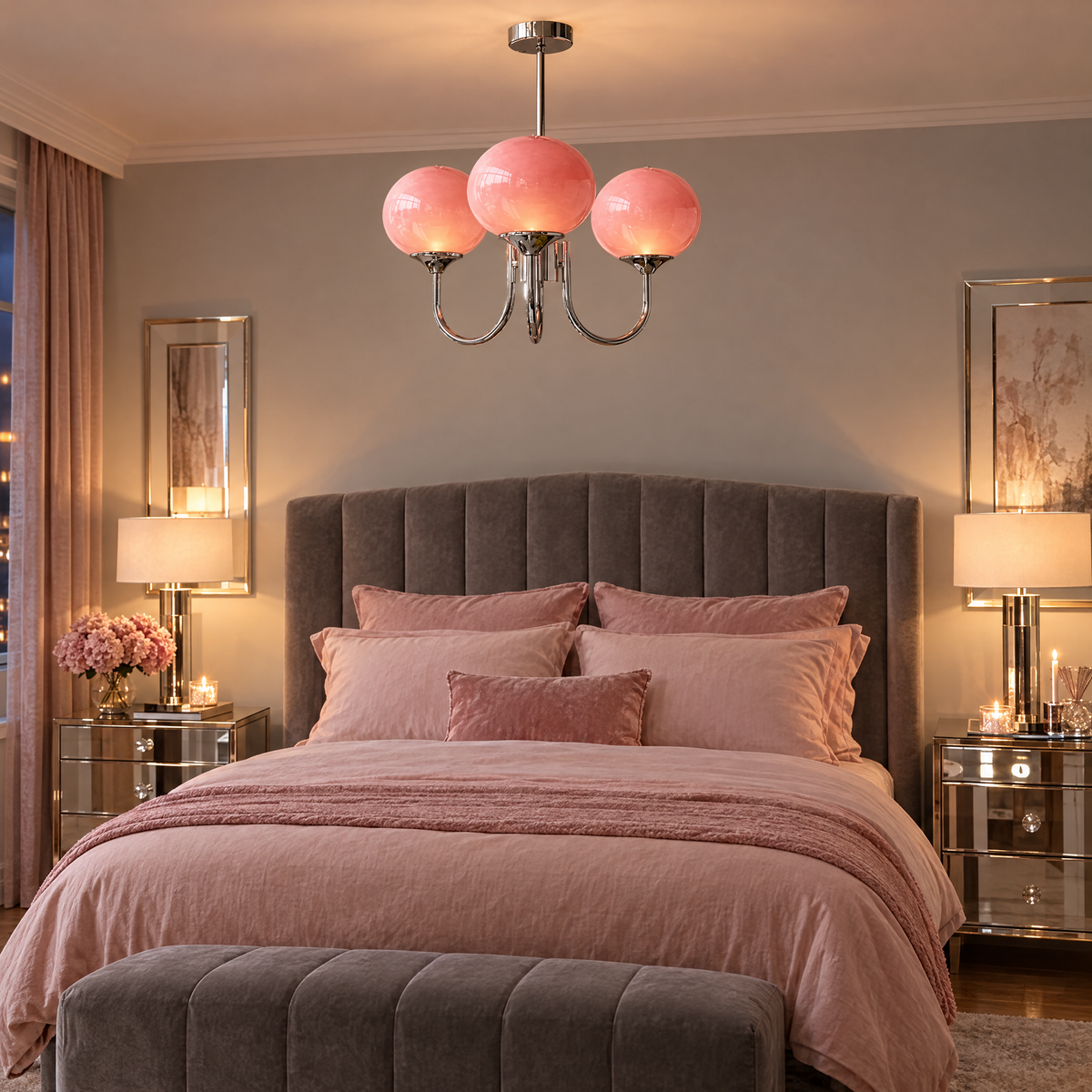 Mallow Glass Shade Chandelier in Chrome and Pink in a contemporary bedroom