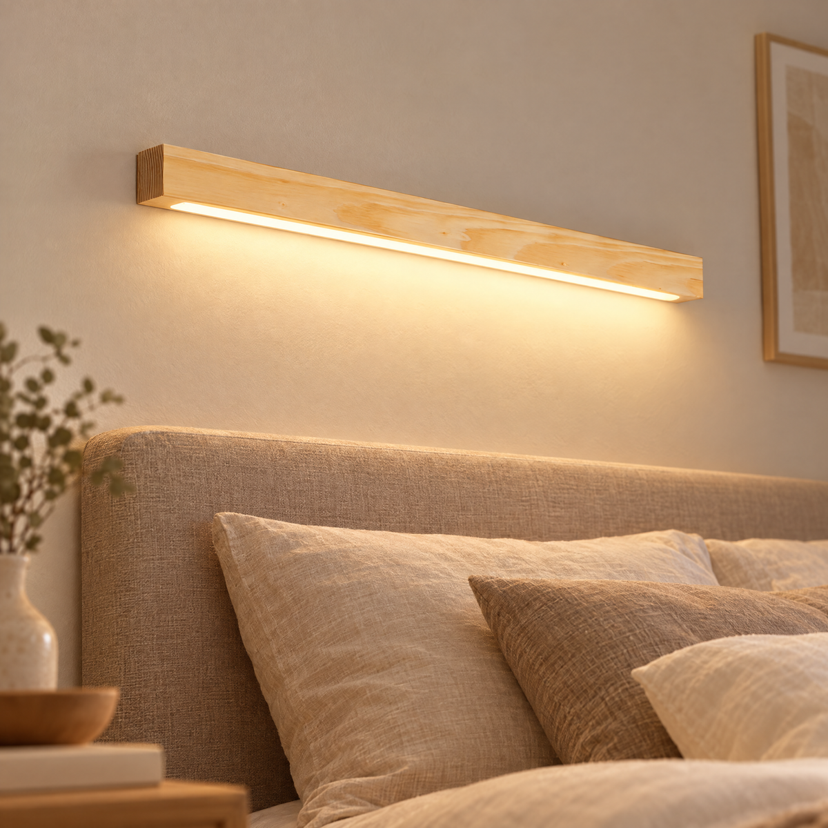 Arlo Linear Wood LED Wall Light in Wood Color, close-up above a bedroom headboard