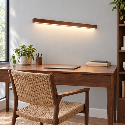 Arlo Linear Wood LED Wall Light in Walnut Color above a home office desk