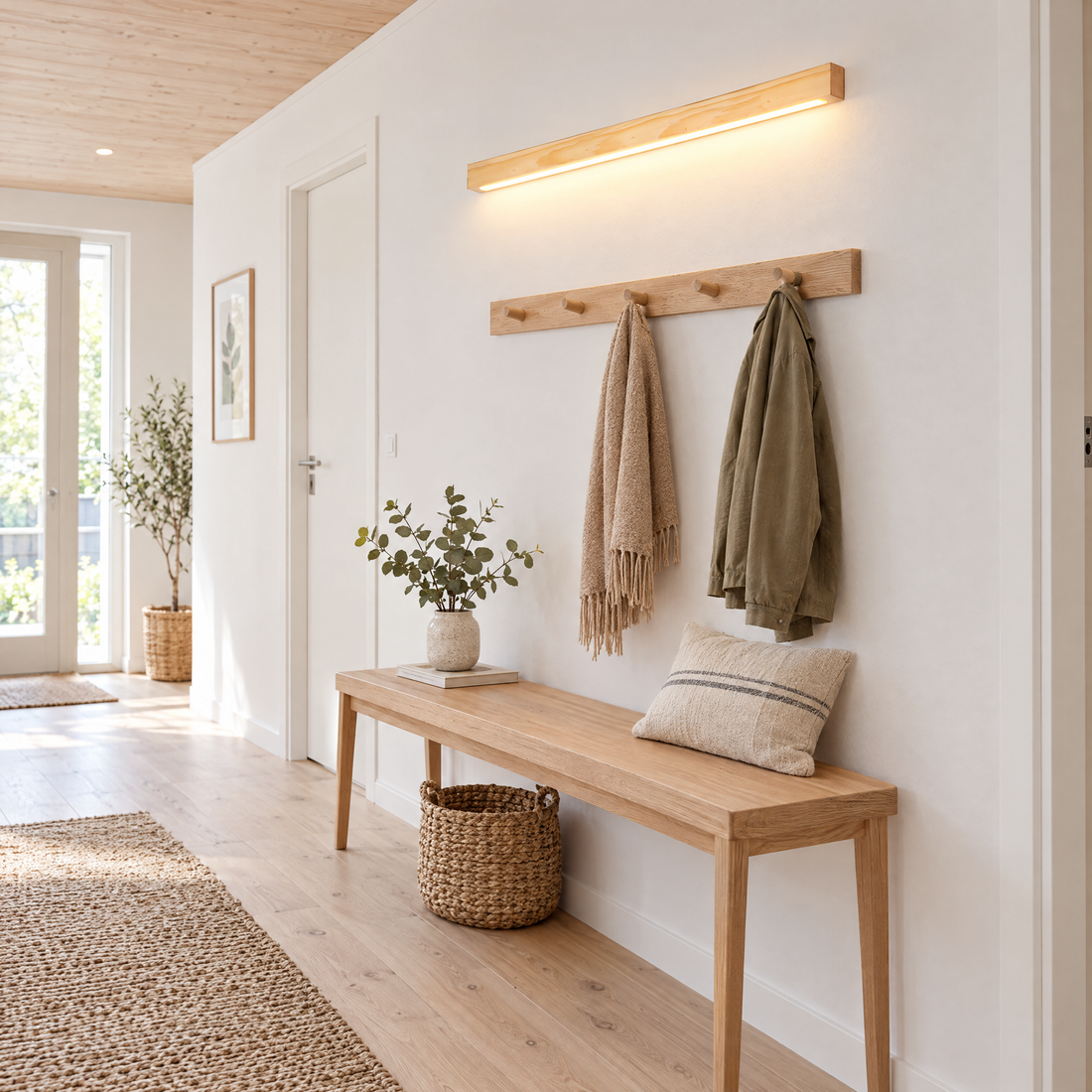 Arlo Linear Wood LED Wall Light in Wood Color in a Scandinavian hallway