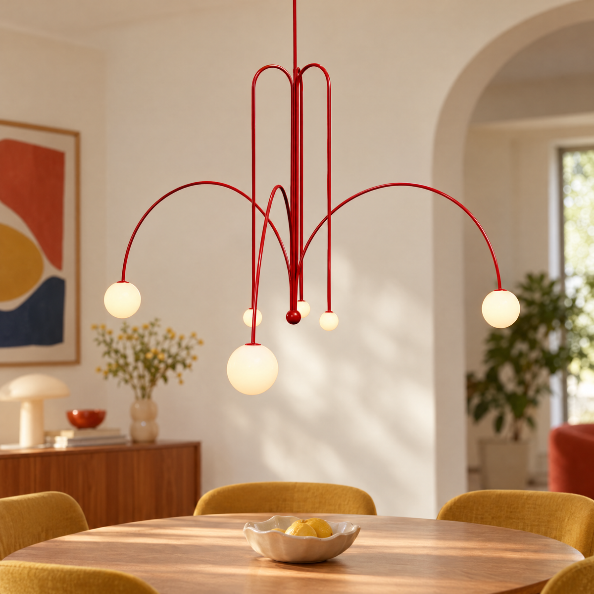Finale Glass Globe Pendant Chandelier in Bright red, close-up of glass globes