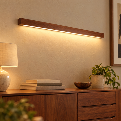 Arlo Linear Wood LED Wall Light in Walnut Color, close-up above a walnut sideboard