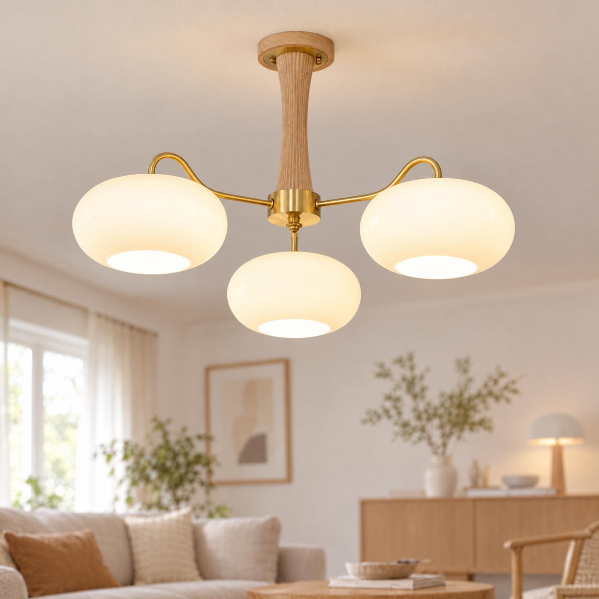 Kaki Brass and Wood Chandelier in Brass and Wood, close-up of glass shades