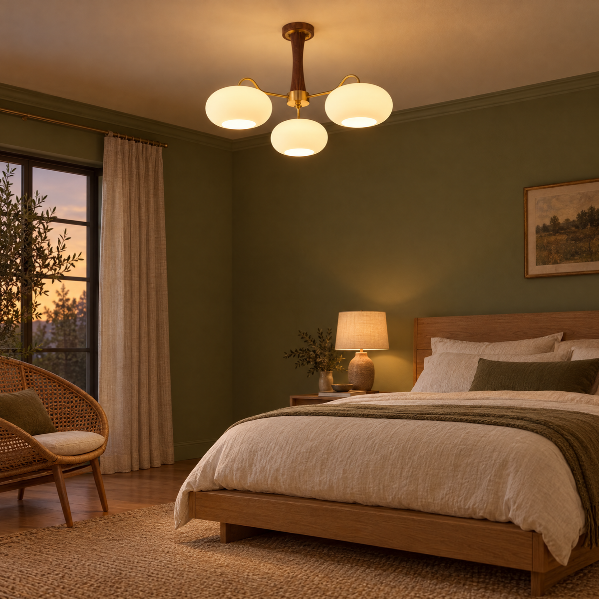 Kaki Brass and Wood Chandelier in Brass and Walnut in an olive green bedroom