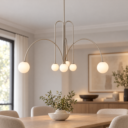 Finale Glass Globe Pendant Chandelier in Nickel, close-up of glass globes