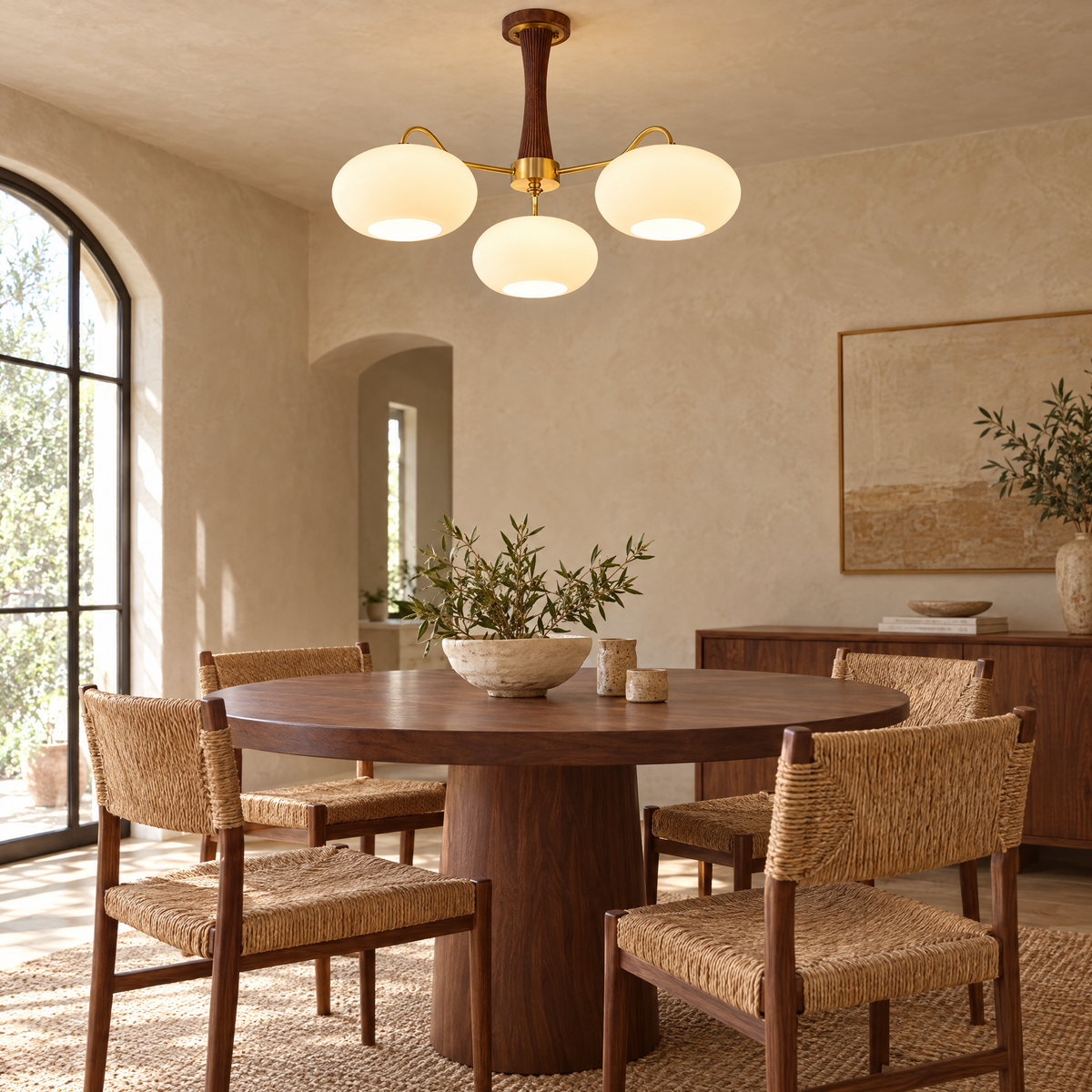 Kaki Brass and Wood Chandelier in Brass and Walnut above a round dining table