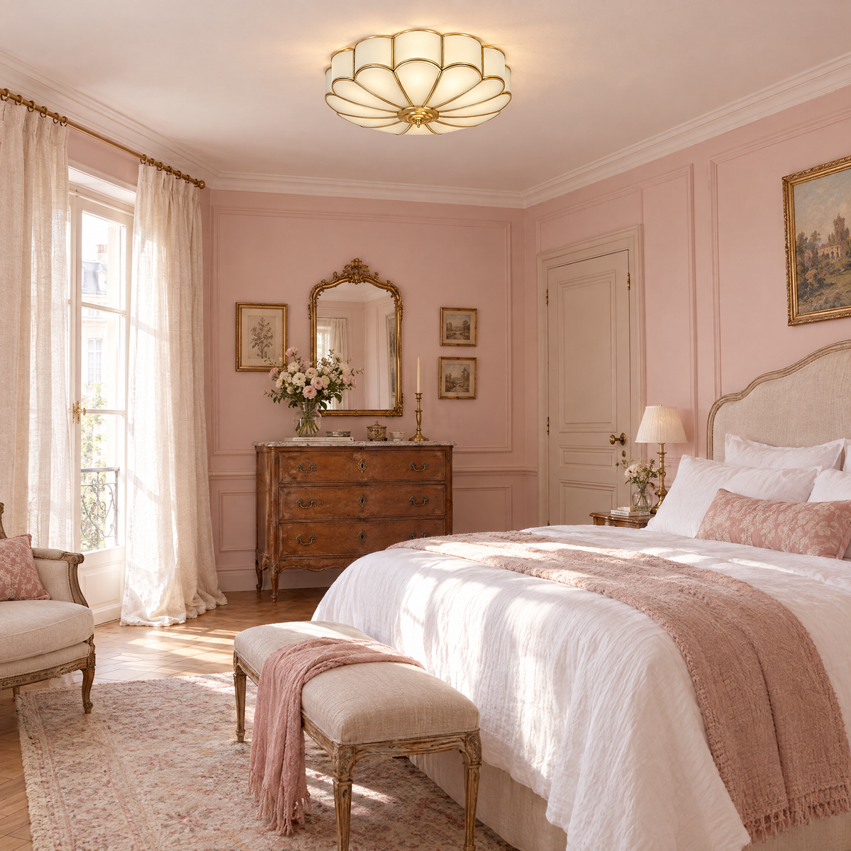 Blossa Brass Flower Glass Ceiling Light in a French bedroom