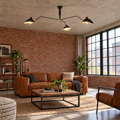 Trio Multi Arm Spider Ceiling Light in Black in an industrial loft living room