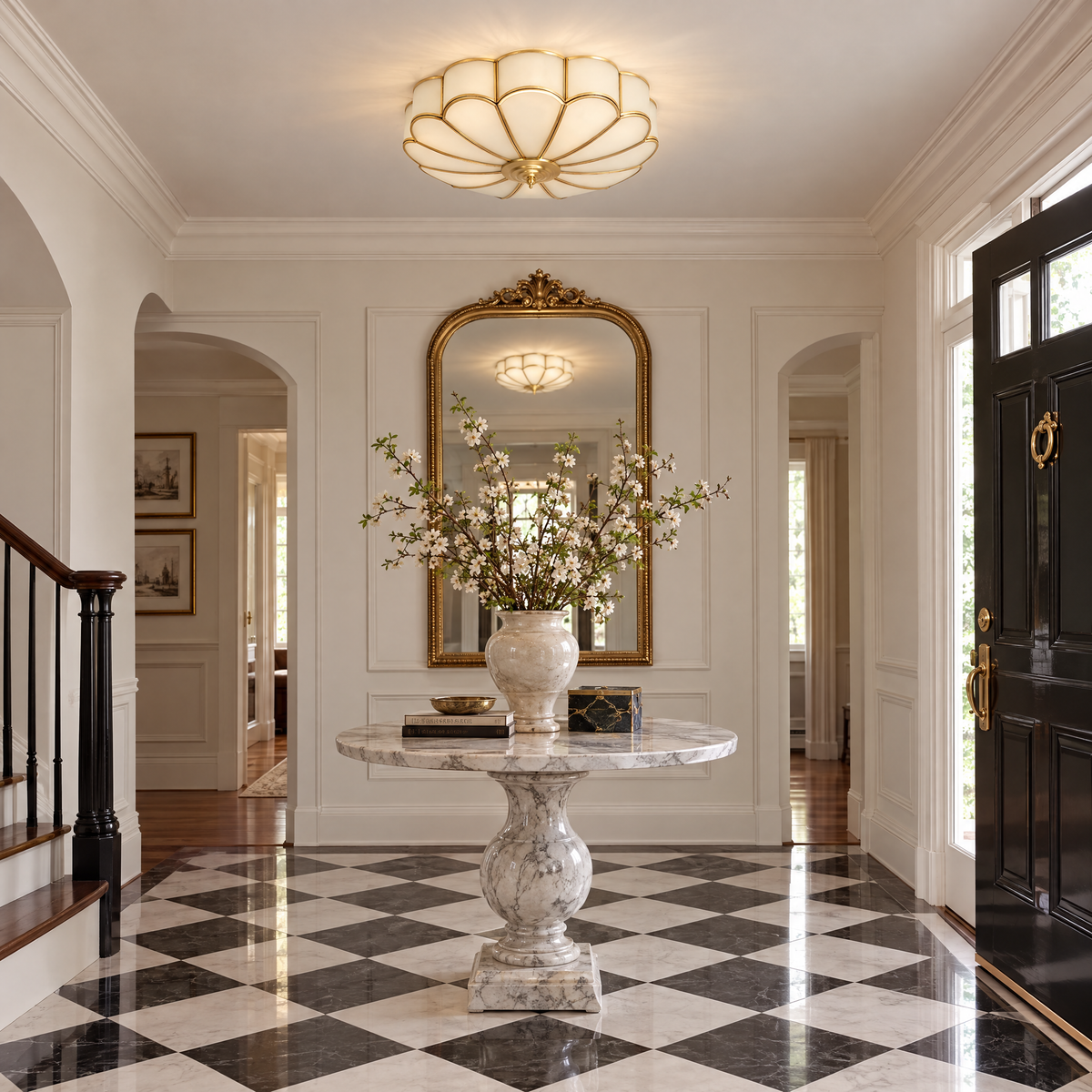 Blossa Brass Flower Glass Ceiling Light in an entrance hall