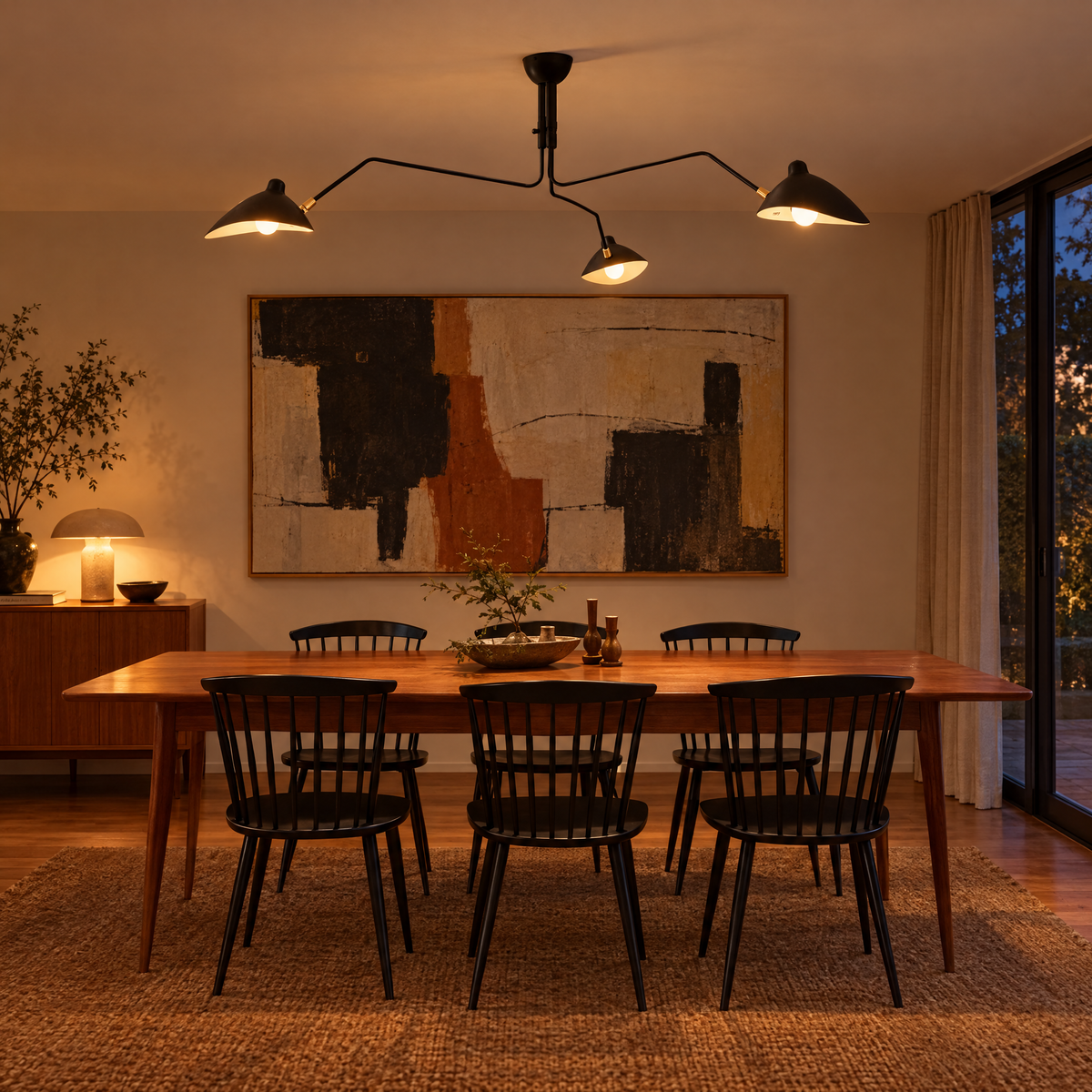 Trio Multi Arm Spider Ceiling Light in Black above a mid-century dining table
