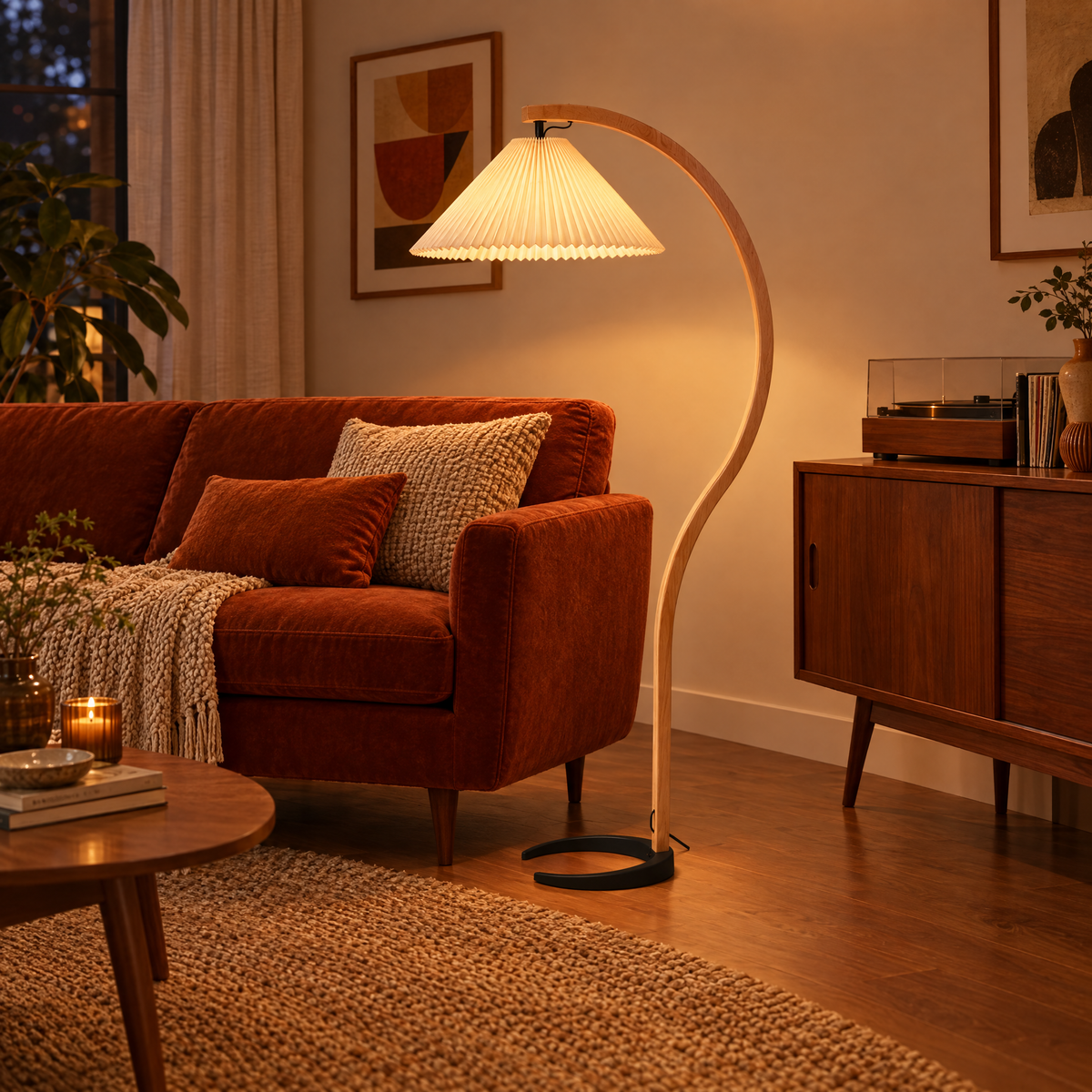 Caprani Beech Wood Linen Floor Lamp with Beige shade in a mid-century living room