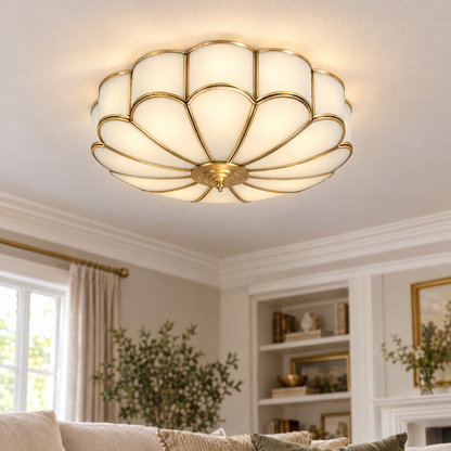 Blossa Brass Flower Glass Ceiling Light, close-up of the glass petals