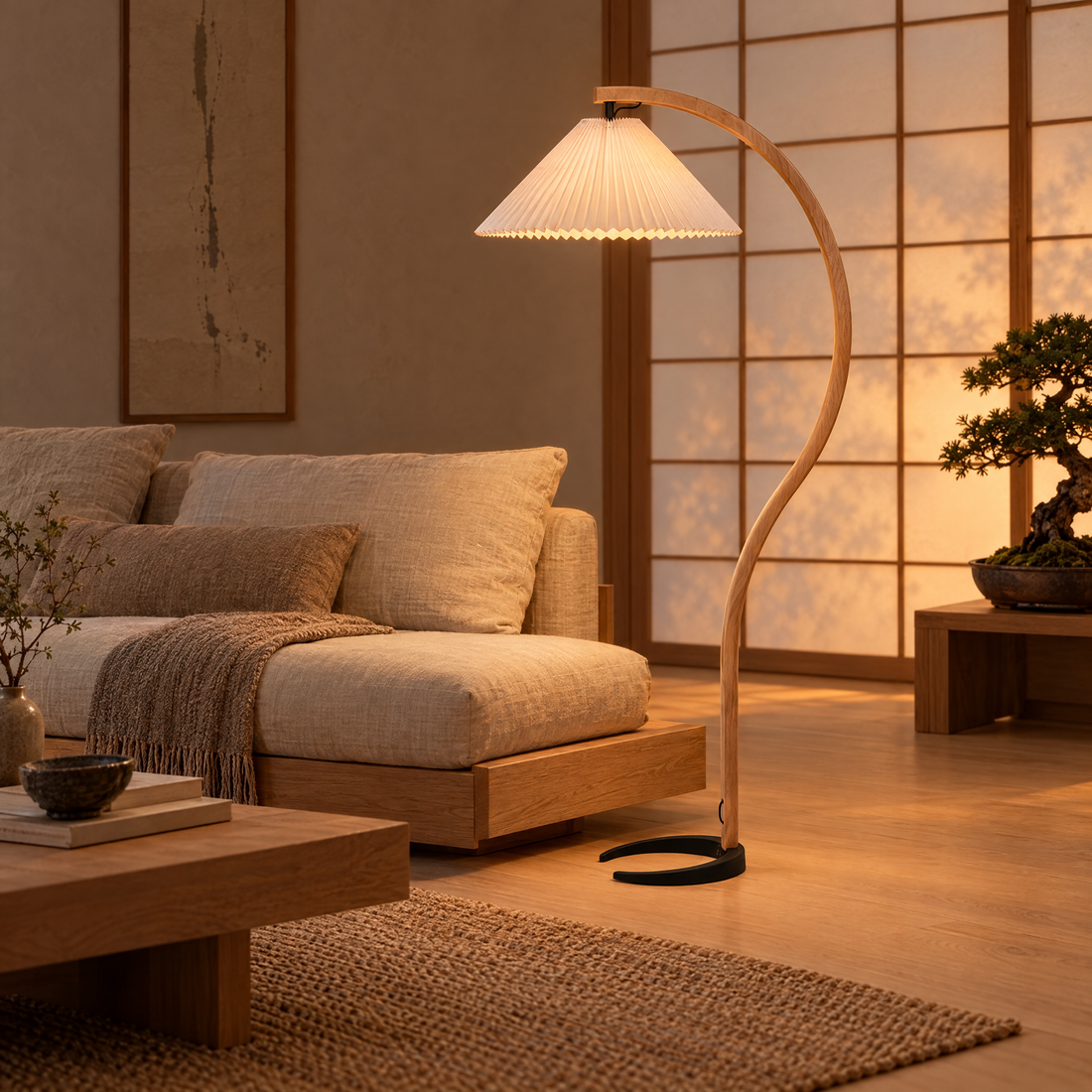 Caprani Beech Wood Linen Floor Lamp with White shade in a Japandi living room
