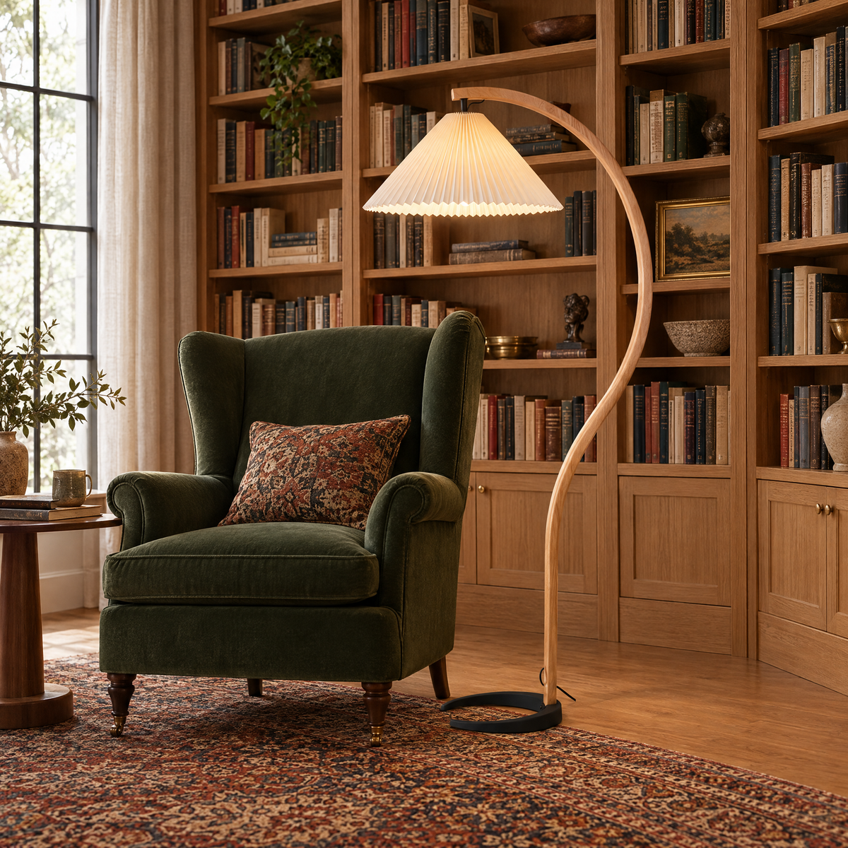 Caprani Beech Wood Linen Floor Lamp with Beige shade in a home library