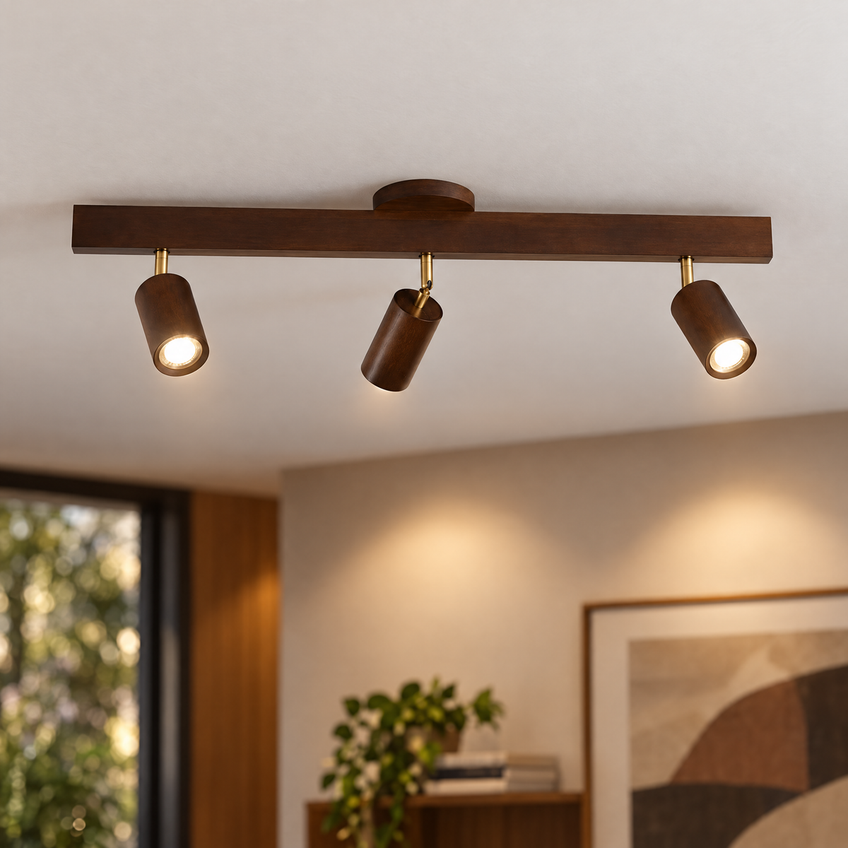 Rafter Wood Beam Spotlight Ceiling Light in Walnut Color, close-up of spotlight heads